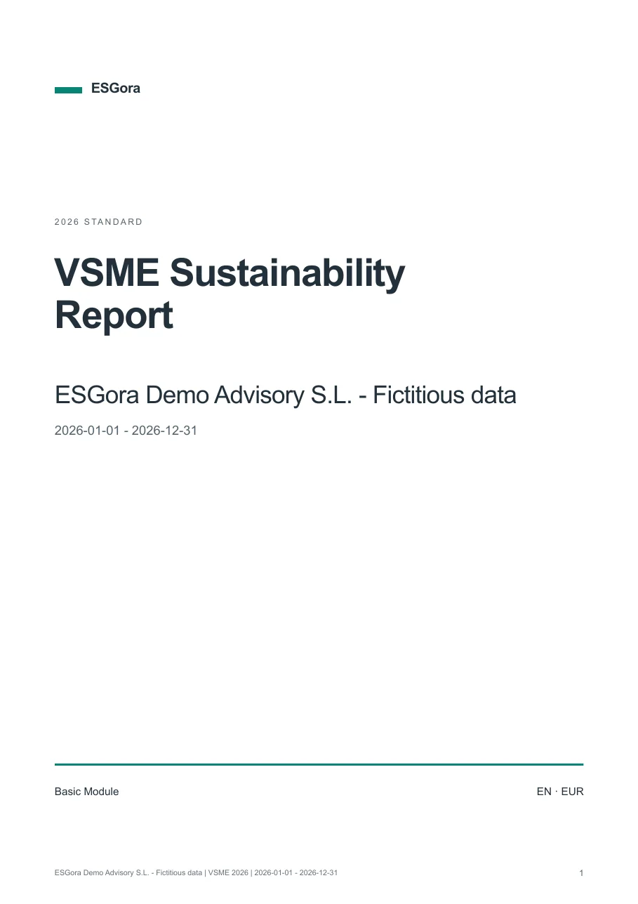 Fictitious ESGora Assisted Basic VSME sample report cover
